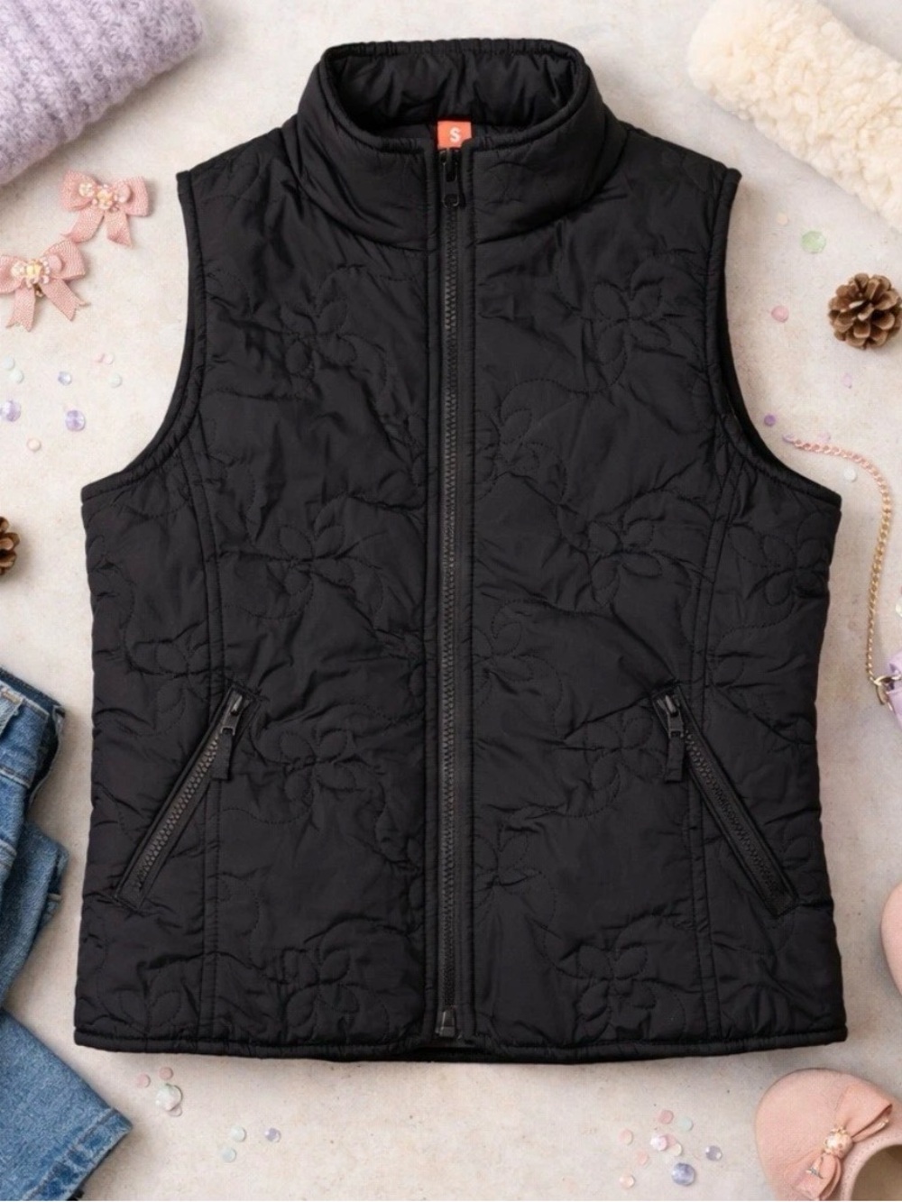 Hanna Andersson Girls' Quilted Floral Black Puffer Vest